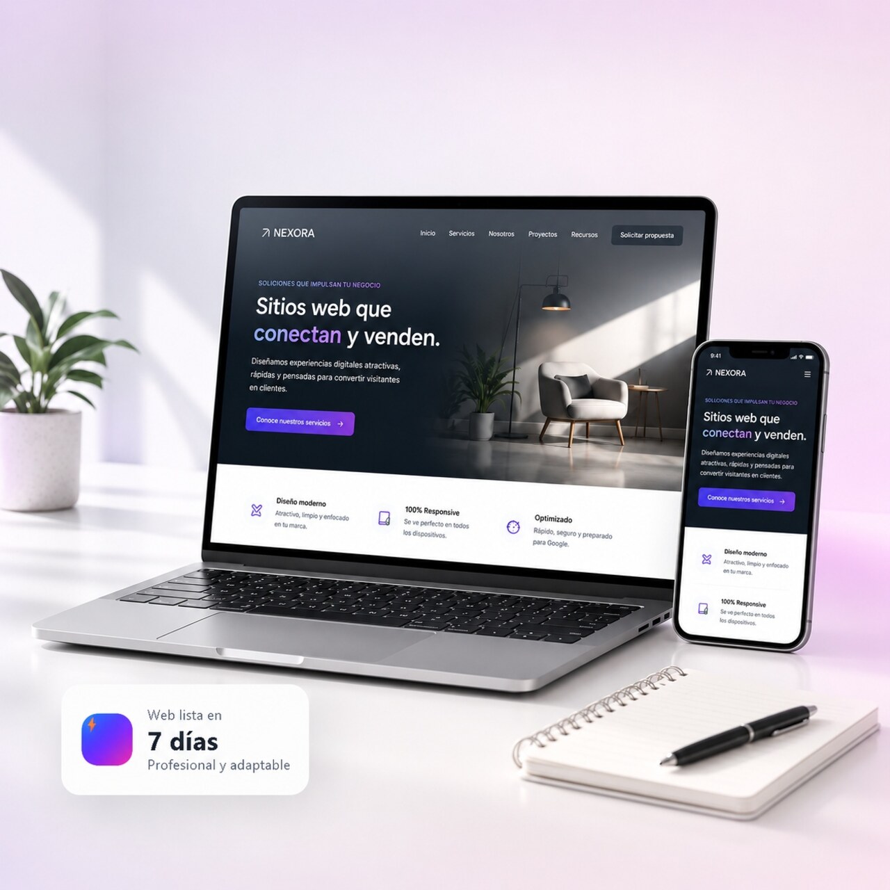 Sitio web profesional visualizado en computadora y celular