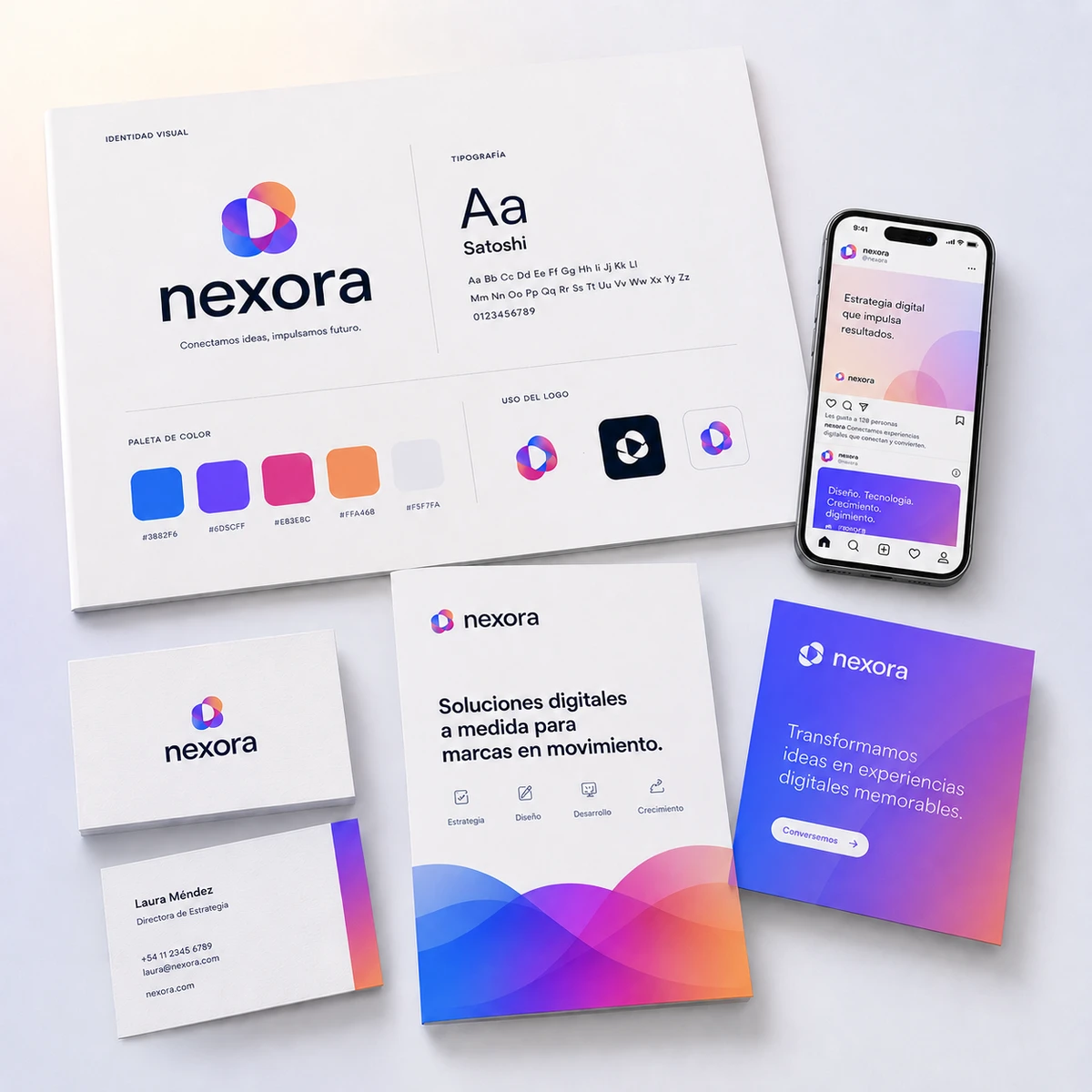 Presentación realista de identidad visual con logo, paleta, papelería, redes y piezas de marca.